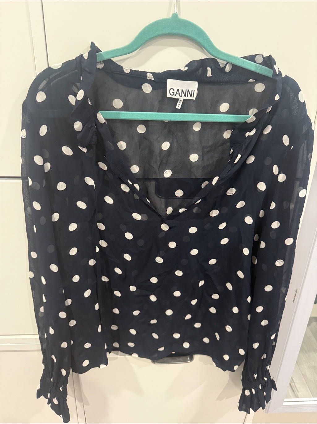 Ganni Navy Blue Sheer Polka Dot Blouse